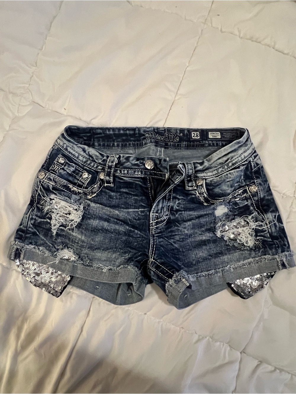 Miss Me Dark Blue Distressed Jean Shorts with Silver Sequin Trim